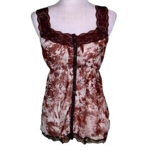 Women’s Brown Y2K Indie Soft Grunge Lace Trim Babydoll Cami Romantic Coquette Sm